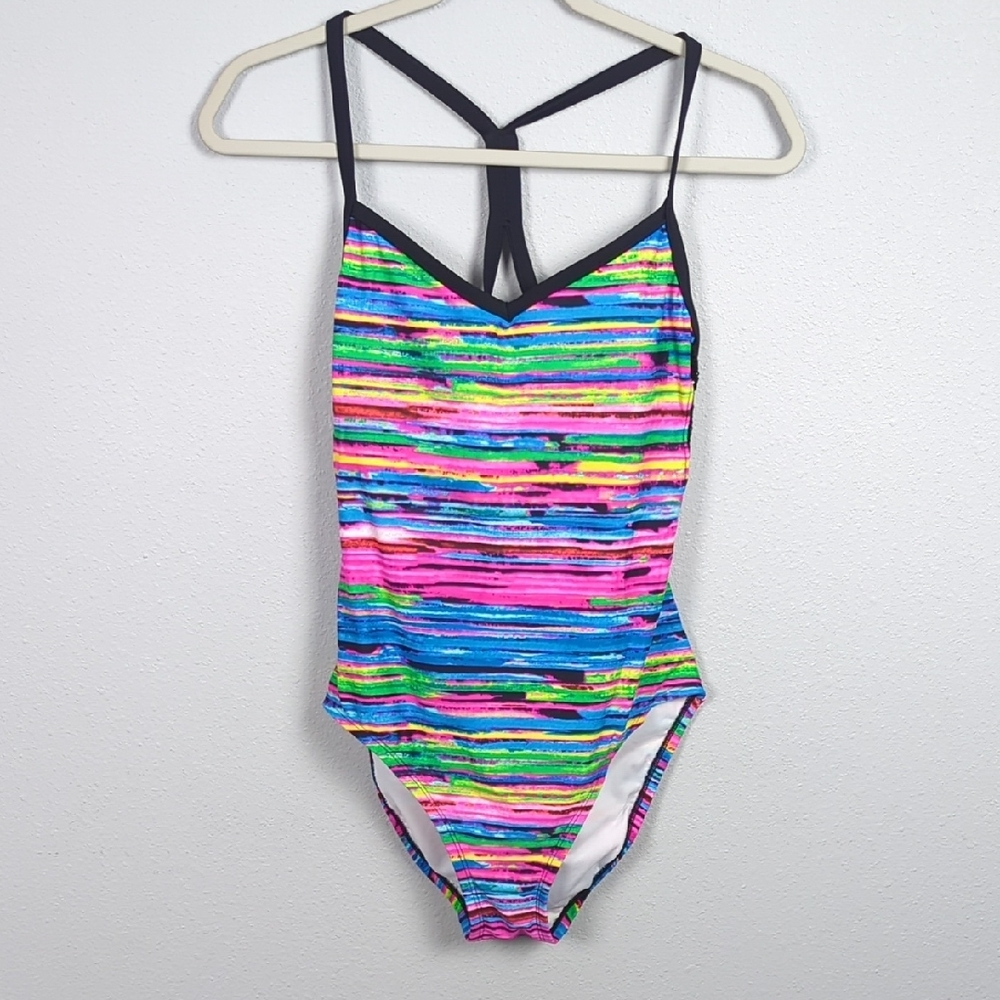 Zelos Colorful Striped Spacy dye Mesh One Piece Swimsuit Size Medium
